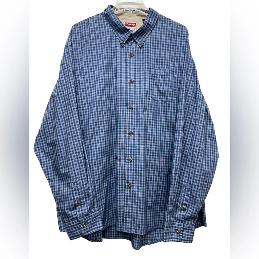 Wrangler Premium Button-Down Flannel Shirt Men's 3XL Long Sleeve Blue Plaid - Picture 1 of 8